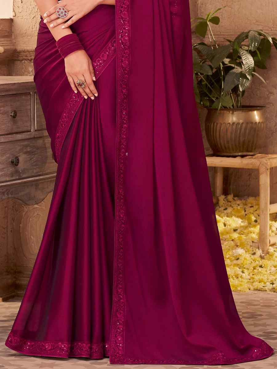 Wine Silk Embroidered Party Festival Classic Style Saree