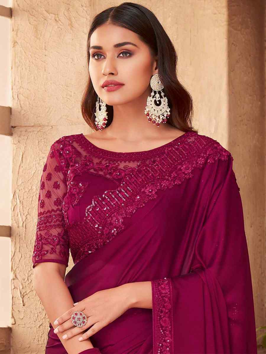 Wine Silk Embroidered Party Festival Classic Style Saree