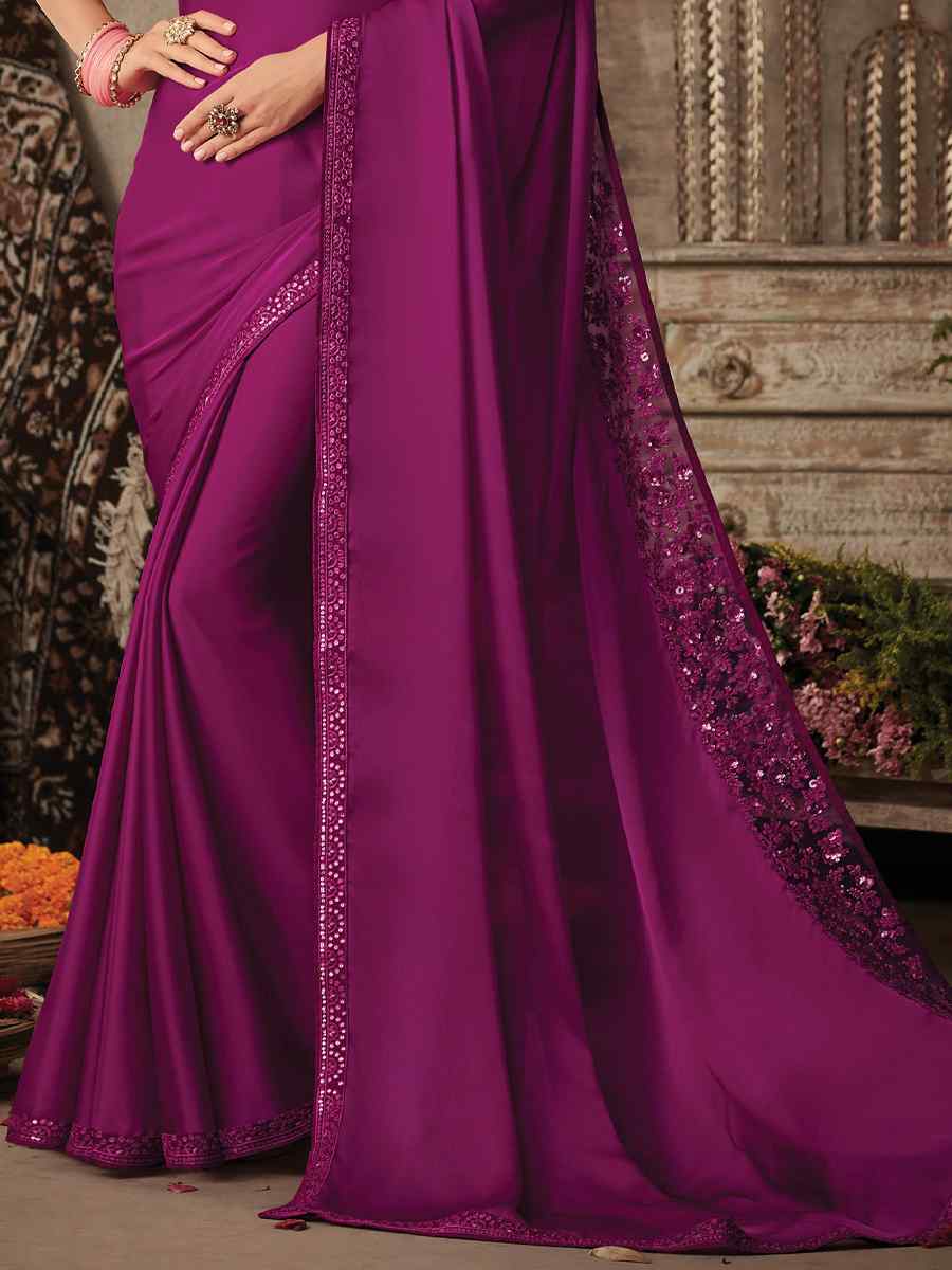 Wine Silk Embroidered Party Festival Classic Style Saree