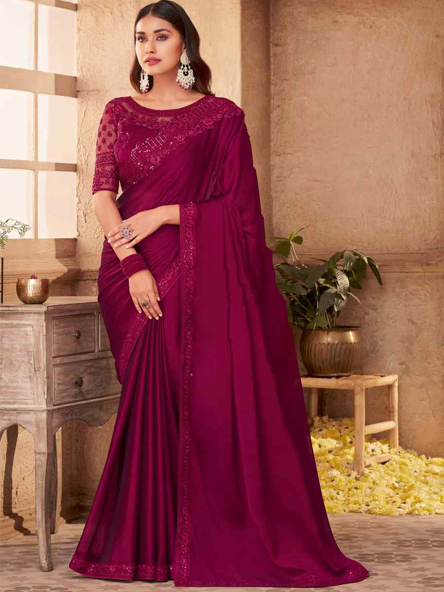 Wine Silk Embroidered Party Festival Classic Style Saree