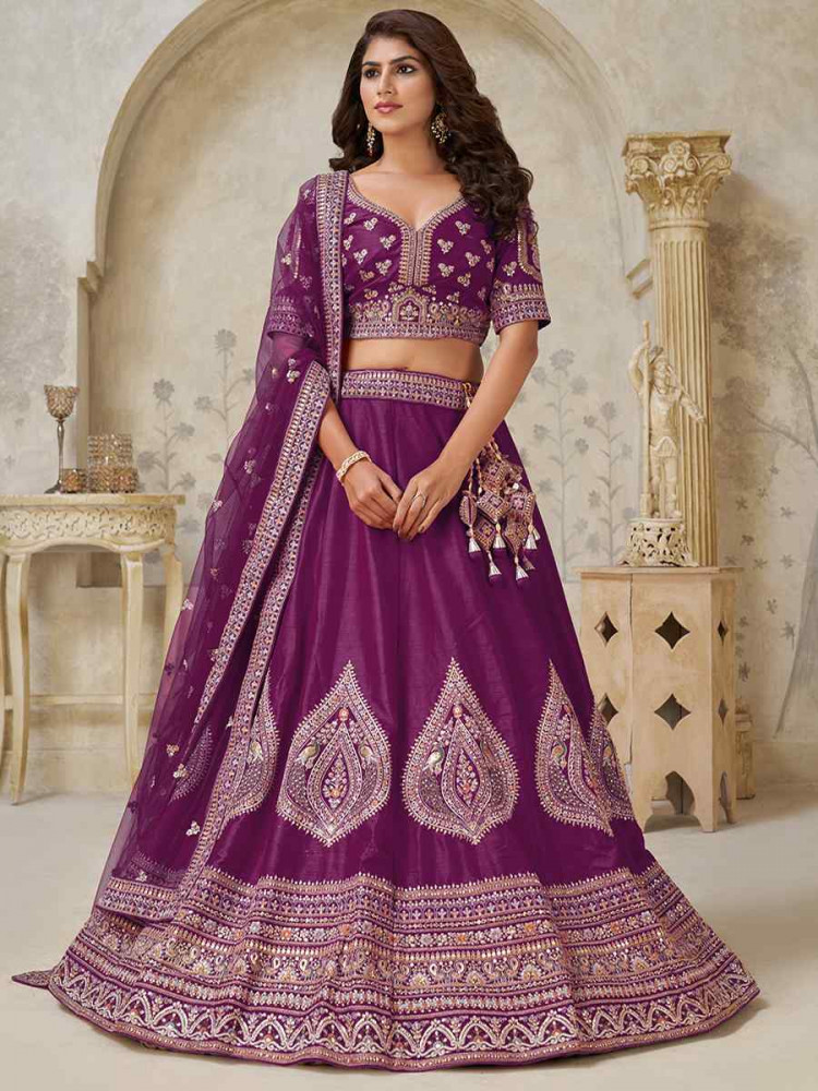 Image of Wine Silk Embroidered Wedding Reception Festival Heavy Border Lehenga Choli