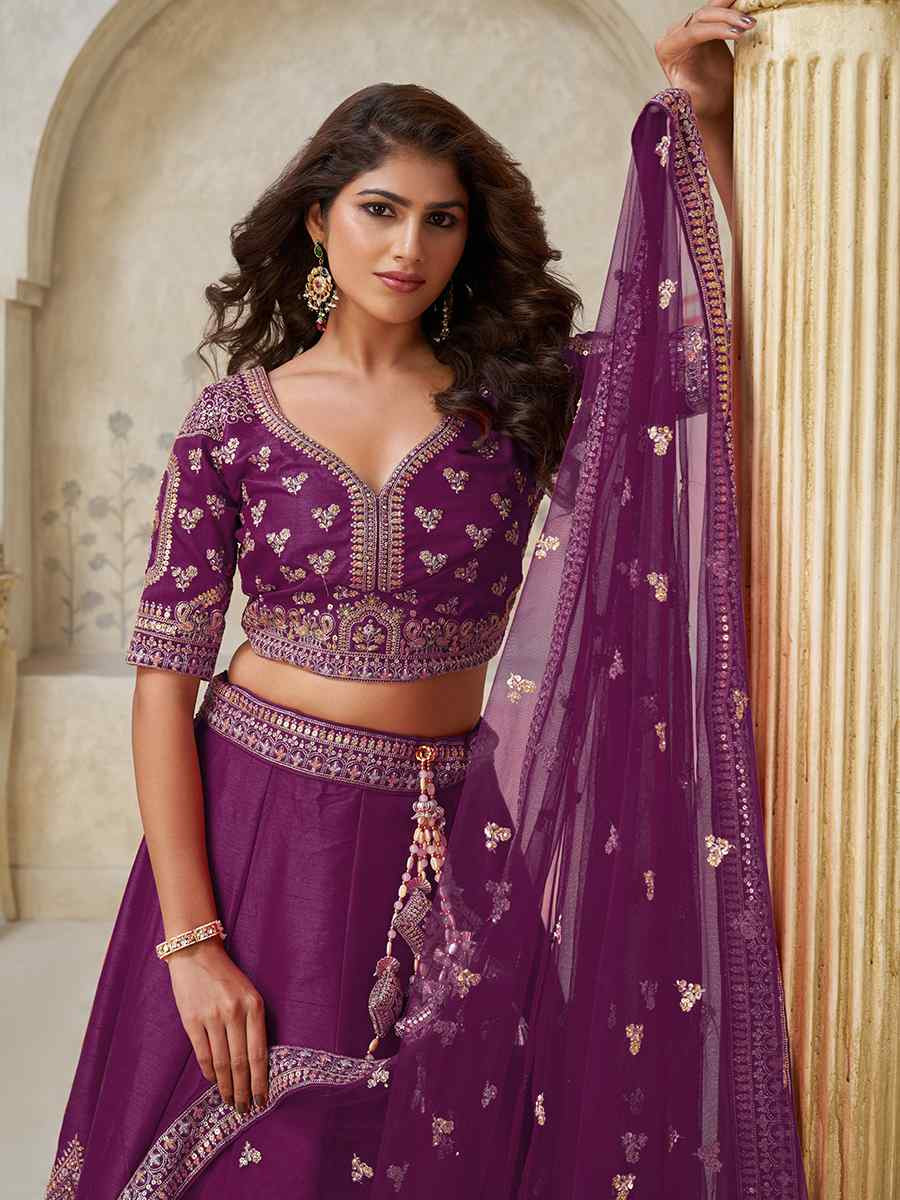 Wine Silk Embroidered Wedding Reception Festival Heavy Border Lehenga Choli