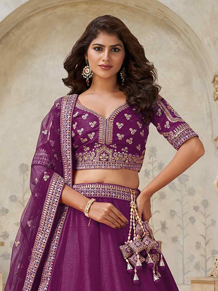 Wine Silk Embroidered Wedding Reception Festival Heavy Border Lehenga Choli