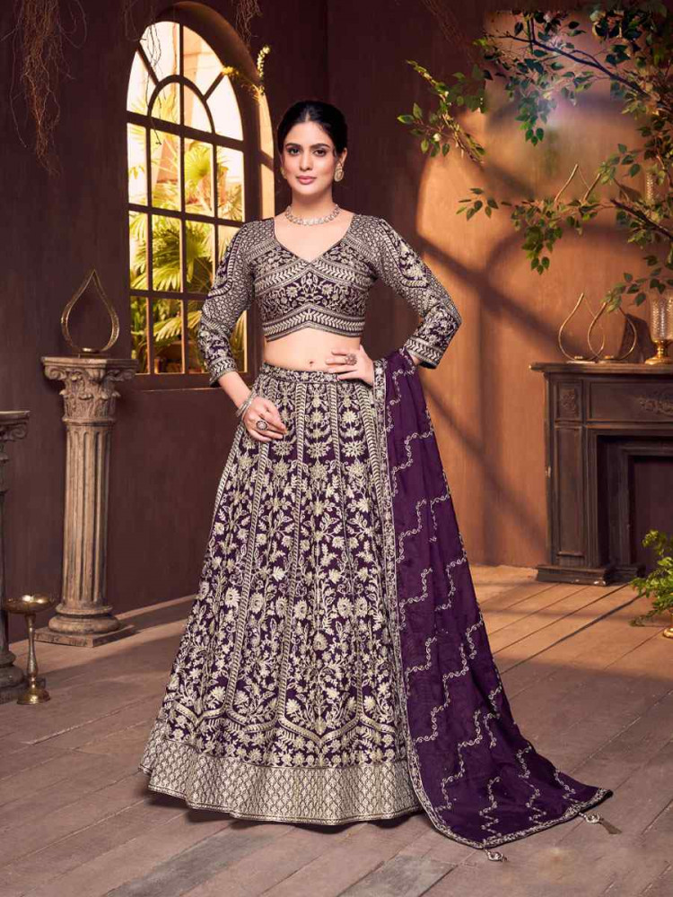 Image of Wine Silk Embroidered Wedding Reception Festival Ready Heavy Border Lehenga Choli