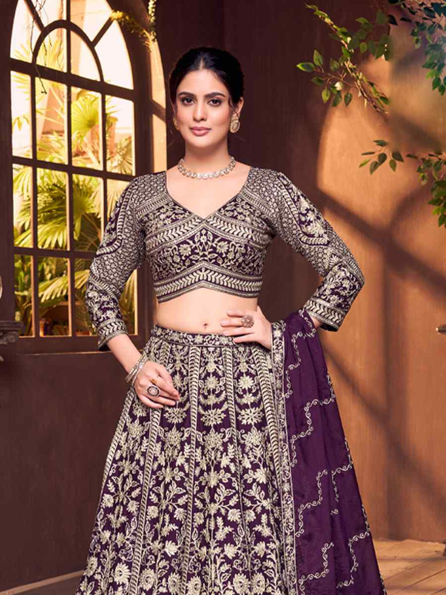 Wine Silk Embroidered Wedding Reception Festival Ready Heavy Border Lehenga Choli