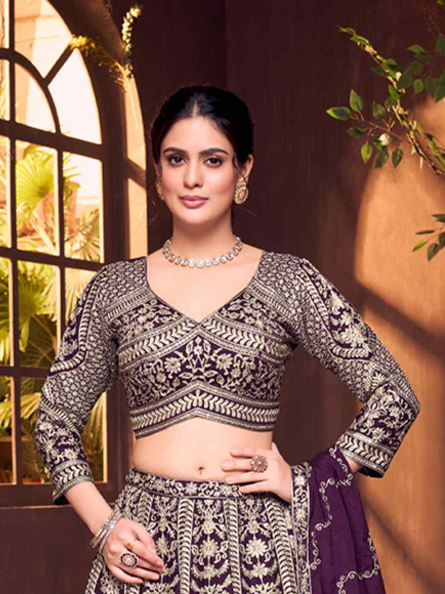 Wine Silk Embroidered Wedding Reception Festival Ready Heavy Border Lehenga Choli