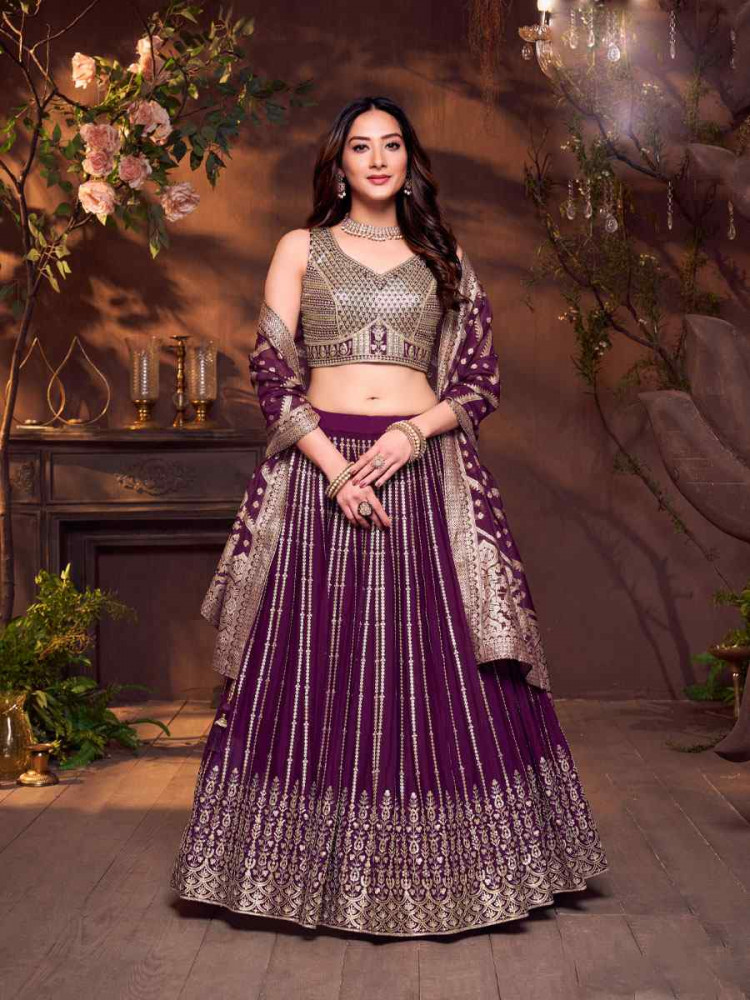 Image of Wine Silk Embroidered Wedding Reception Festival Ready Heavy Border Lehenga Choli
