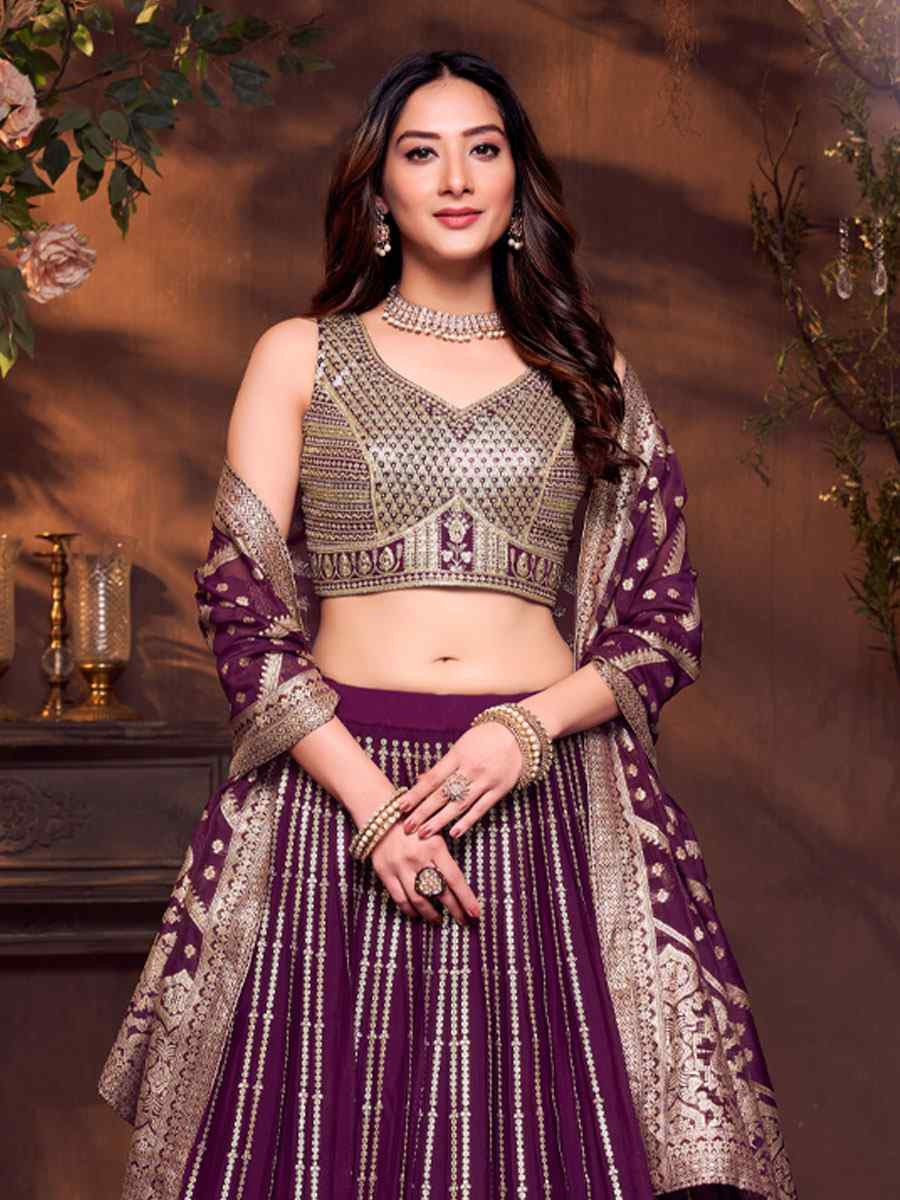 Wine Silk Embroidered Wedding Reception Festival Ready Heavy Border Lehenga Choli