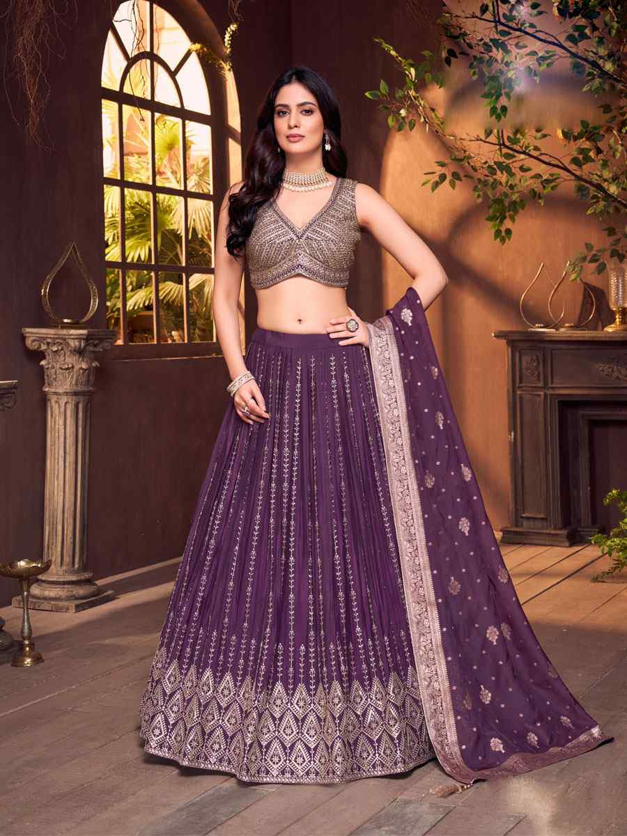 Wine Silk Embroidered Wedding Reception Festival Ready Heavy Border Lehenga Choli
