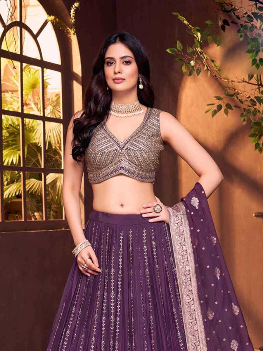 Wine Silk Embroidered Wedding Reception Festival Ready Heavy Border Lehenga Choli