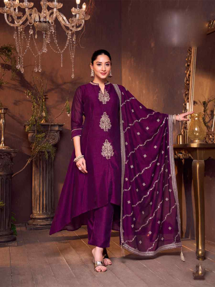 Image of Wine Silk Embroidery Party Wedding Festival Casual Ready Anarkali Salwar Kameez
