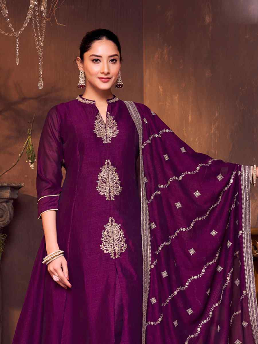 Wine Silk Embroidery Party Wedding Festival Casual Ready Anarkali Salwar Kameez
