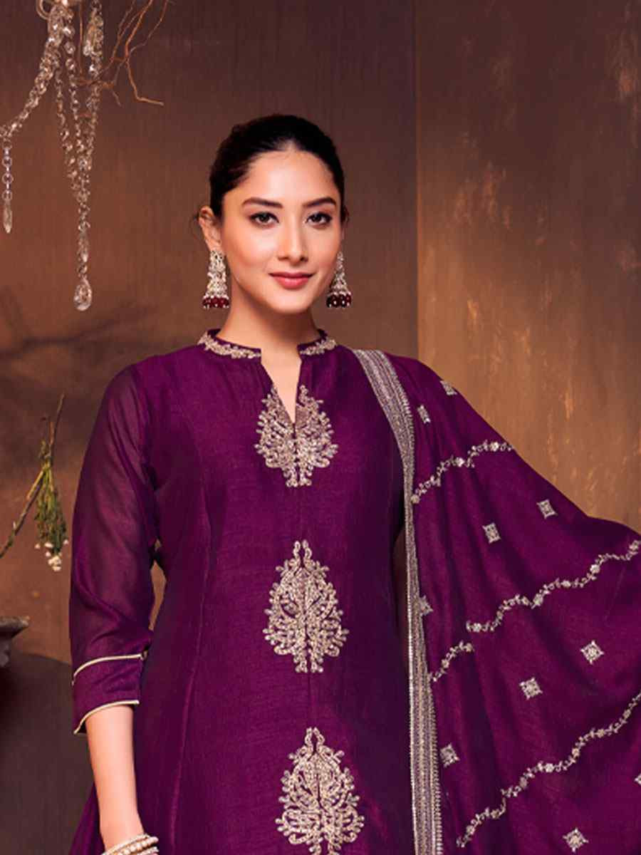 Wine Silk Embroidery Party Wedding Festival Casual Ready Anarkali Salwar Kameez