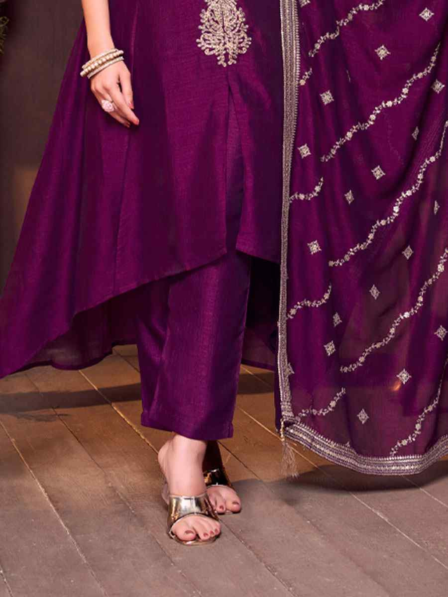 Wine Silk Embroidery Party Wedding Festival Casual Ready Anarkali Salwar Kameez