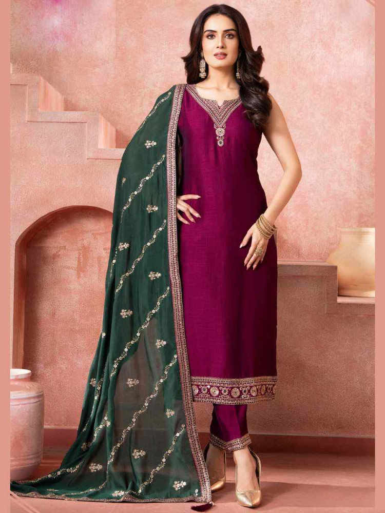 Image of Wine Silk Embroidery Party Wedding Festival Casual Ready Pant Salwar Kameez