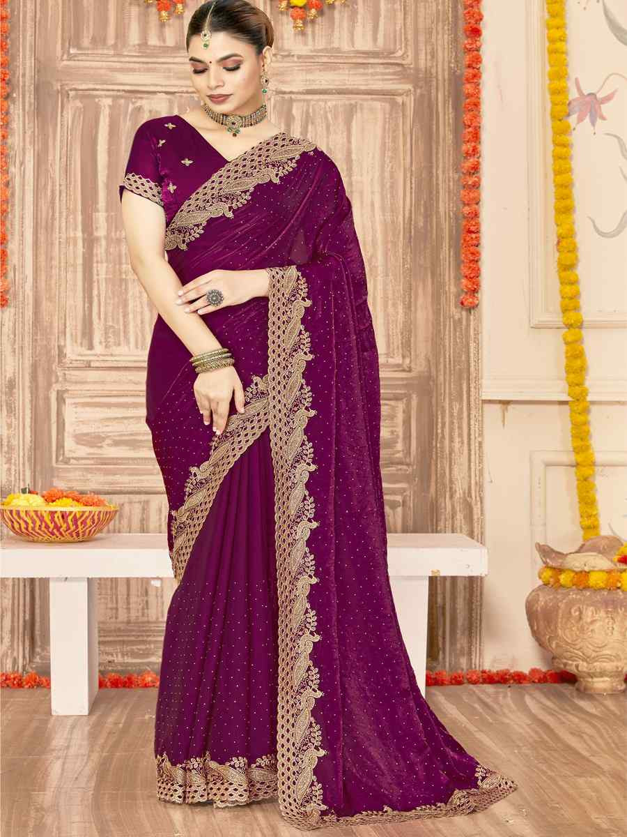Wine Silk Embroidery Traditional Bridal Reception Festival Wedding Fancy Heavy Border Saree