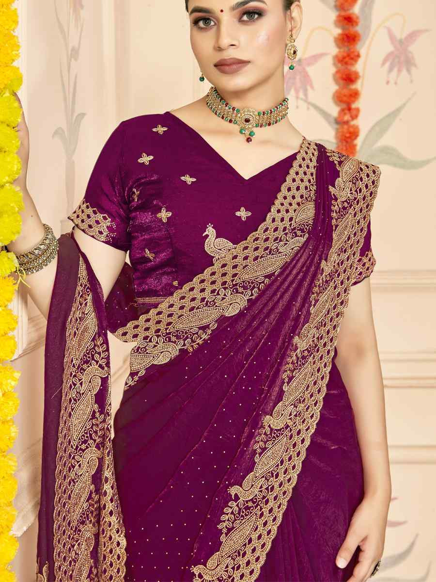 Wine Silk Embroidery Traditional Bridal Reception Festival Wedding Fancy Heavy Border Saree
