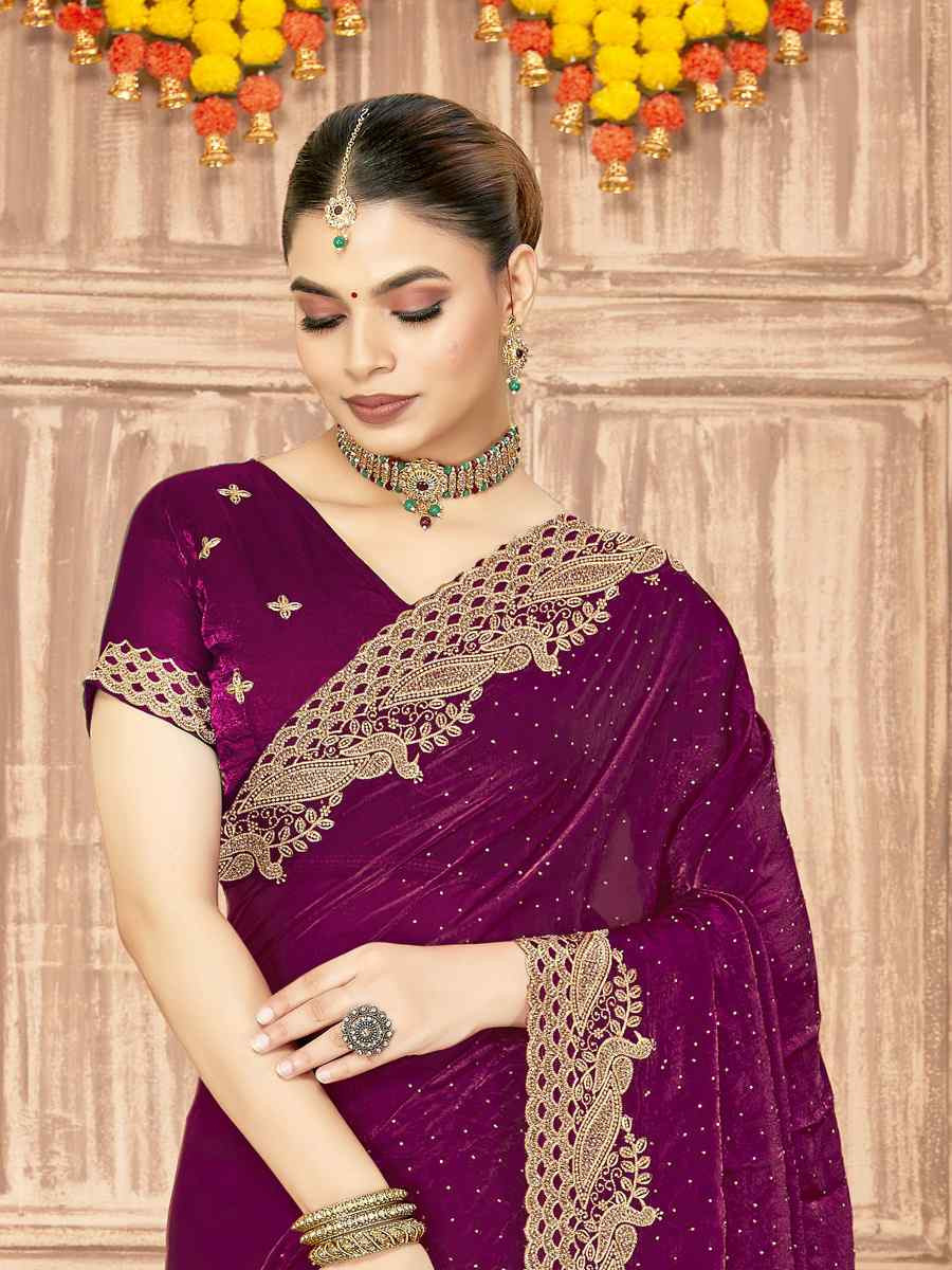 Wine Silk Embroidery Traditional Bridal Reception Festival Wedding Fancy Heavy Border Saree