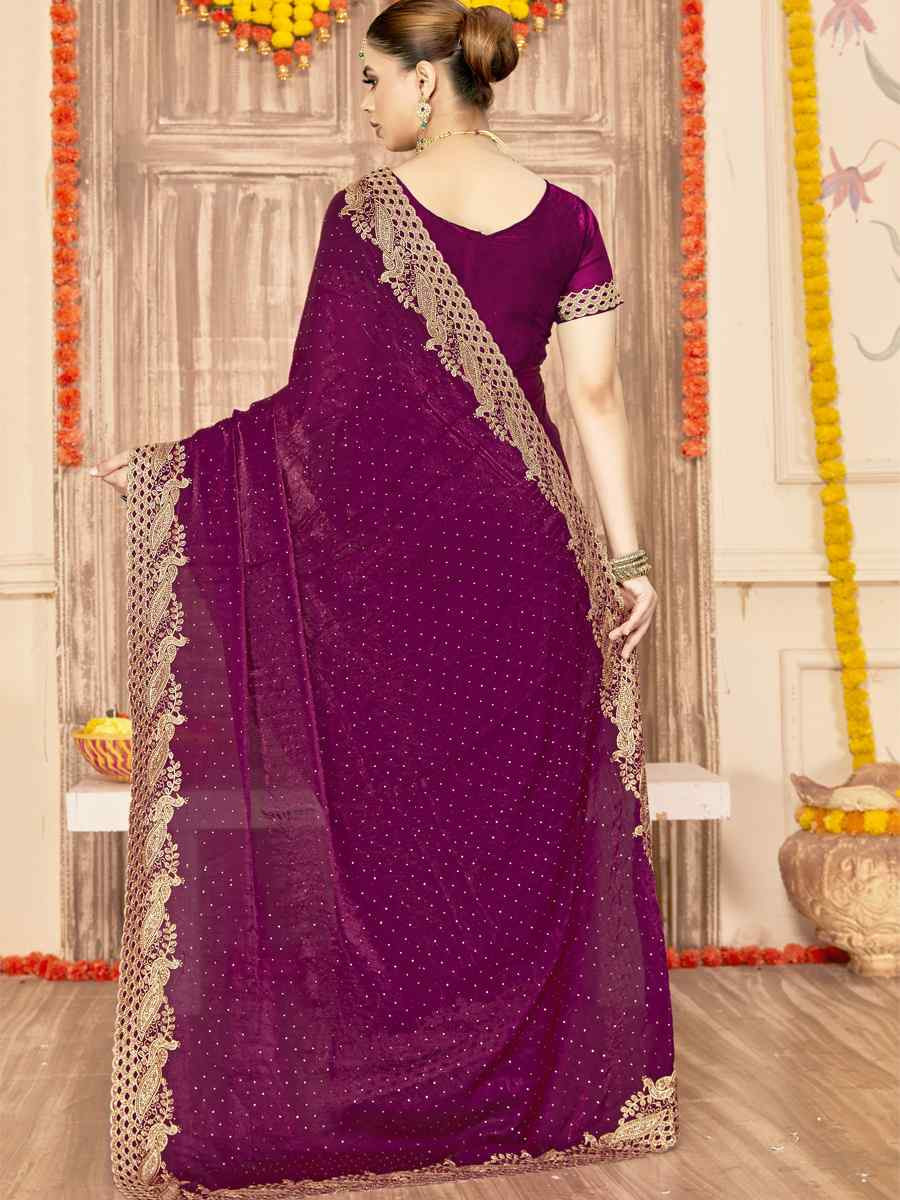 Wine Silk Embroidery Traditional Bridal Reception Festival Wedding Fancy Heavy Border Saree