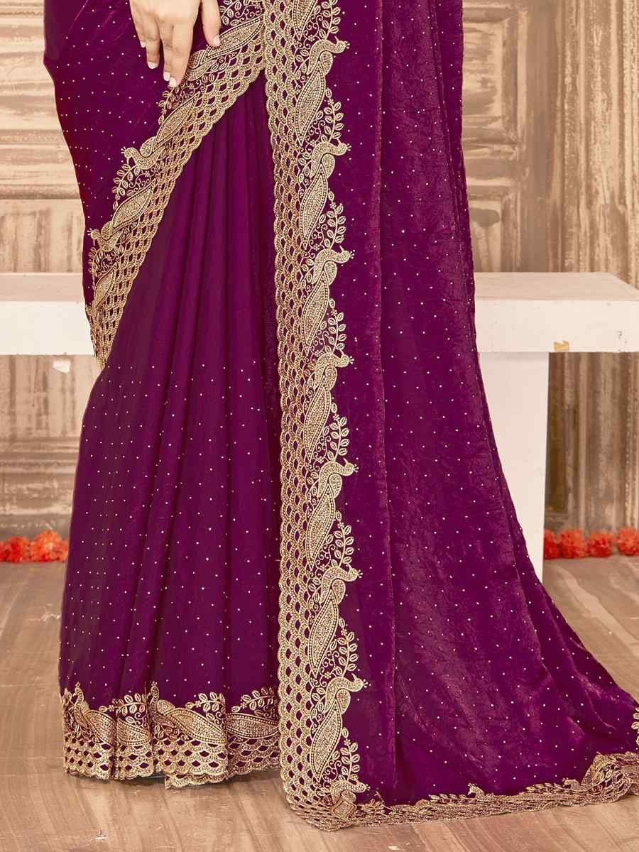 Wine Silk Embroidery Traditional Bridal Reception Festival Wedding Fancy Heavy Border Saree