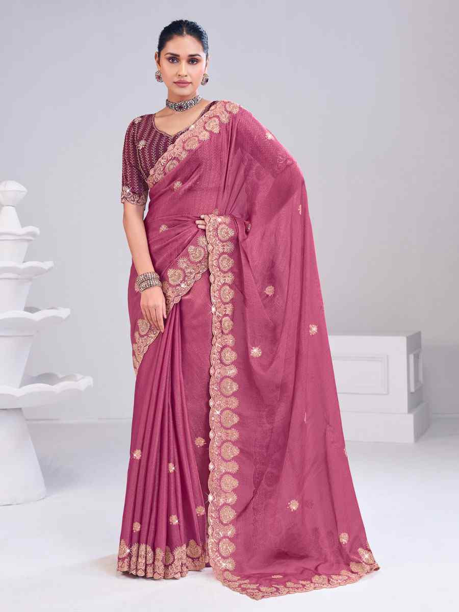 Wine Silk Embroidery Traditional Bridal Reception Festival Wedding Fancy Heavy Border Saree