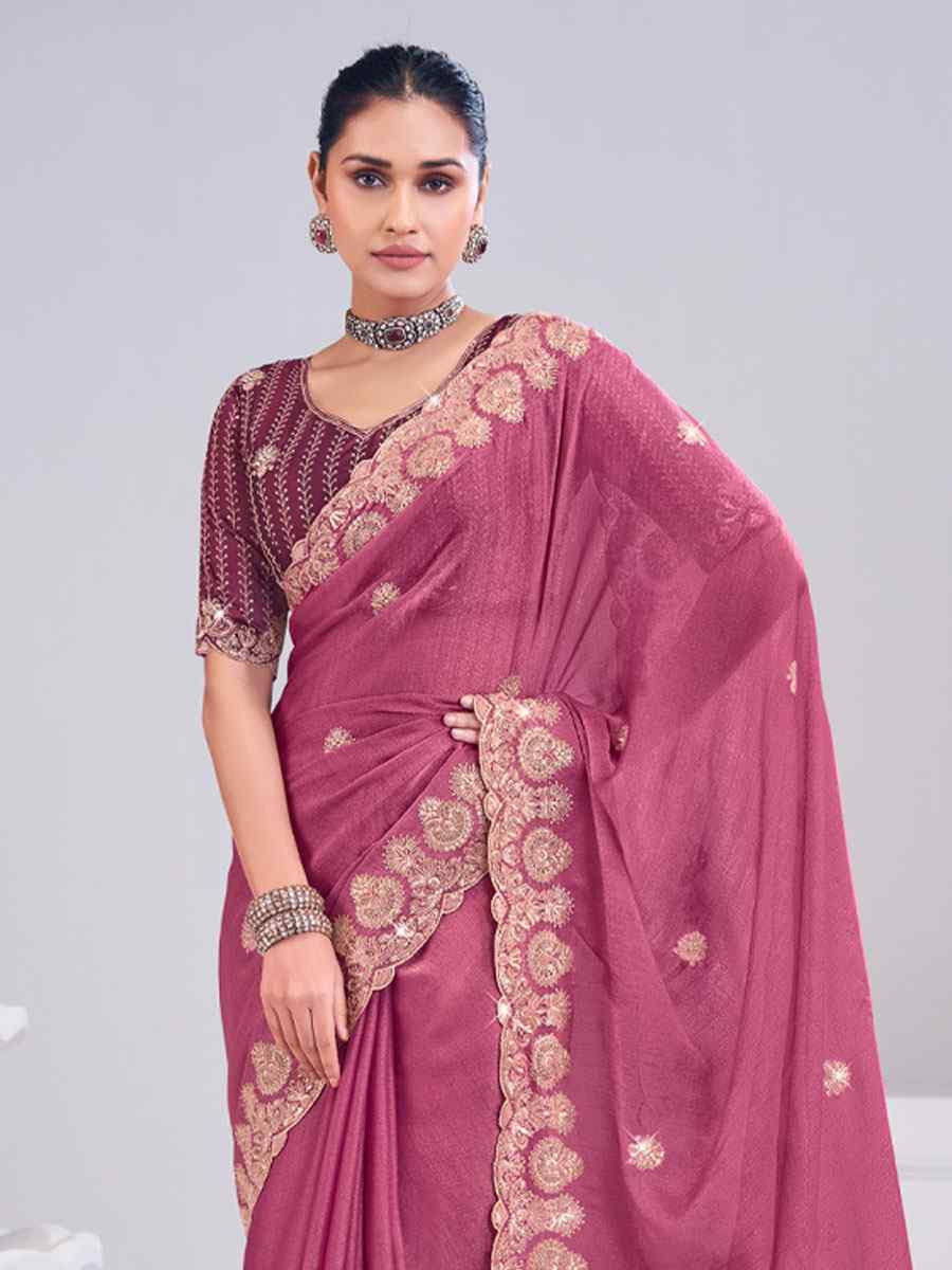 Wine Silk Embroidery Traditional Bridal Reception Festival Wedding Fancy Heavy Border Saree
