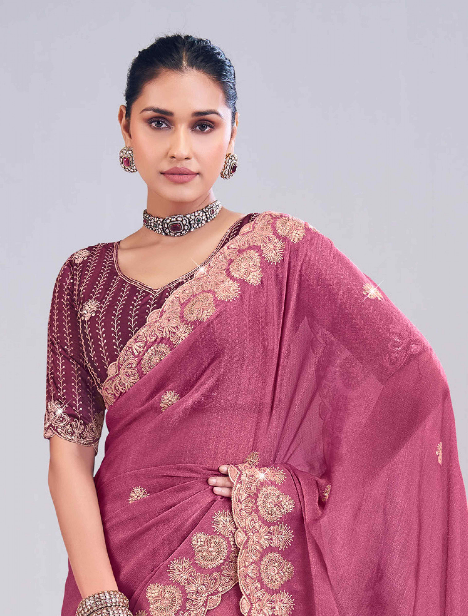 Wine Silk Embroidery Traditional Bridal Reception Festival Wedding Fancy Heavy Border Saree