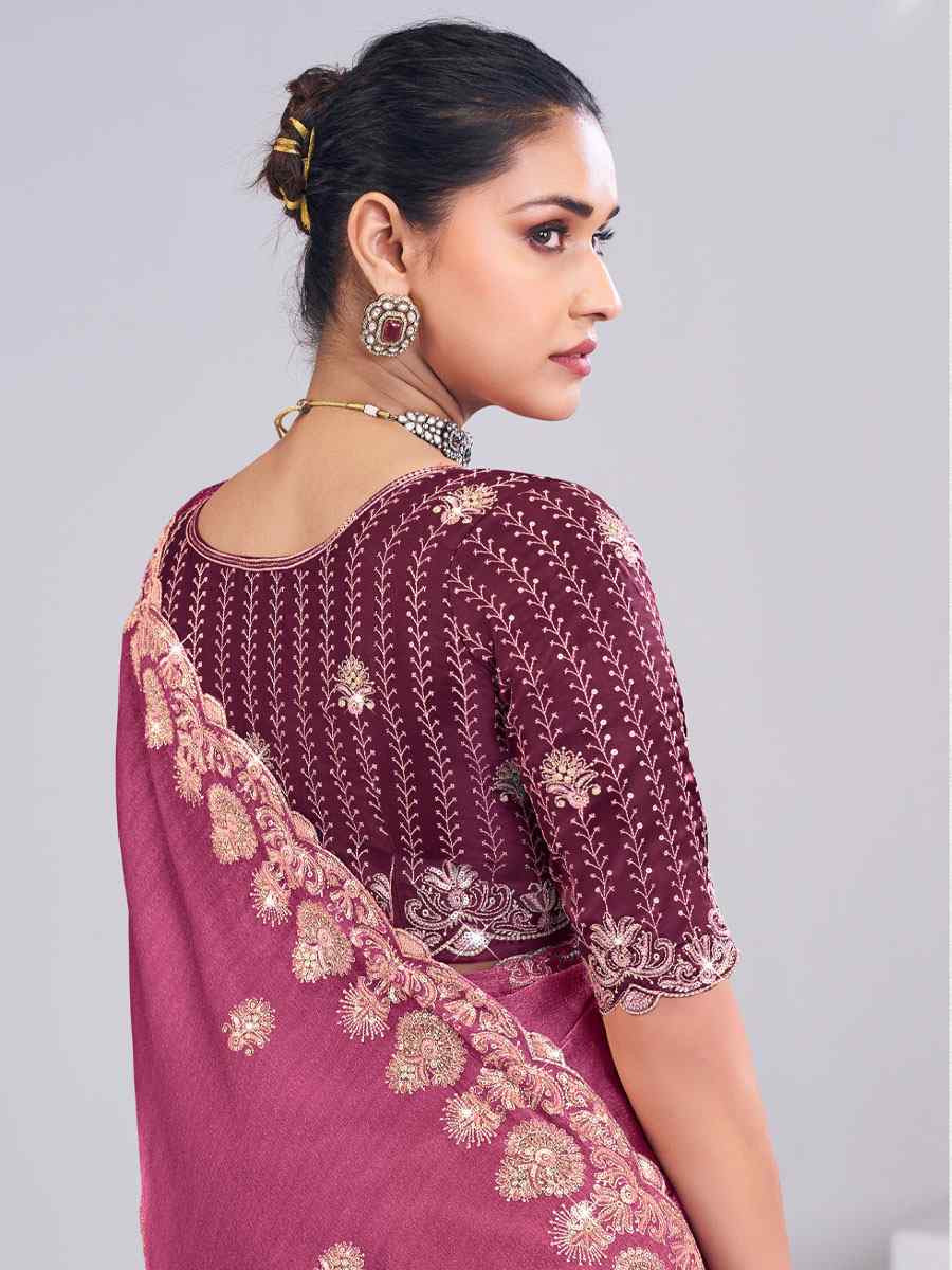 Wine Silk Embroidery Traditional Bridal Reception Festival Wedding Fancy Heavy Border Saree