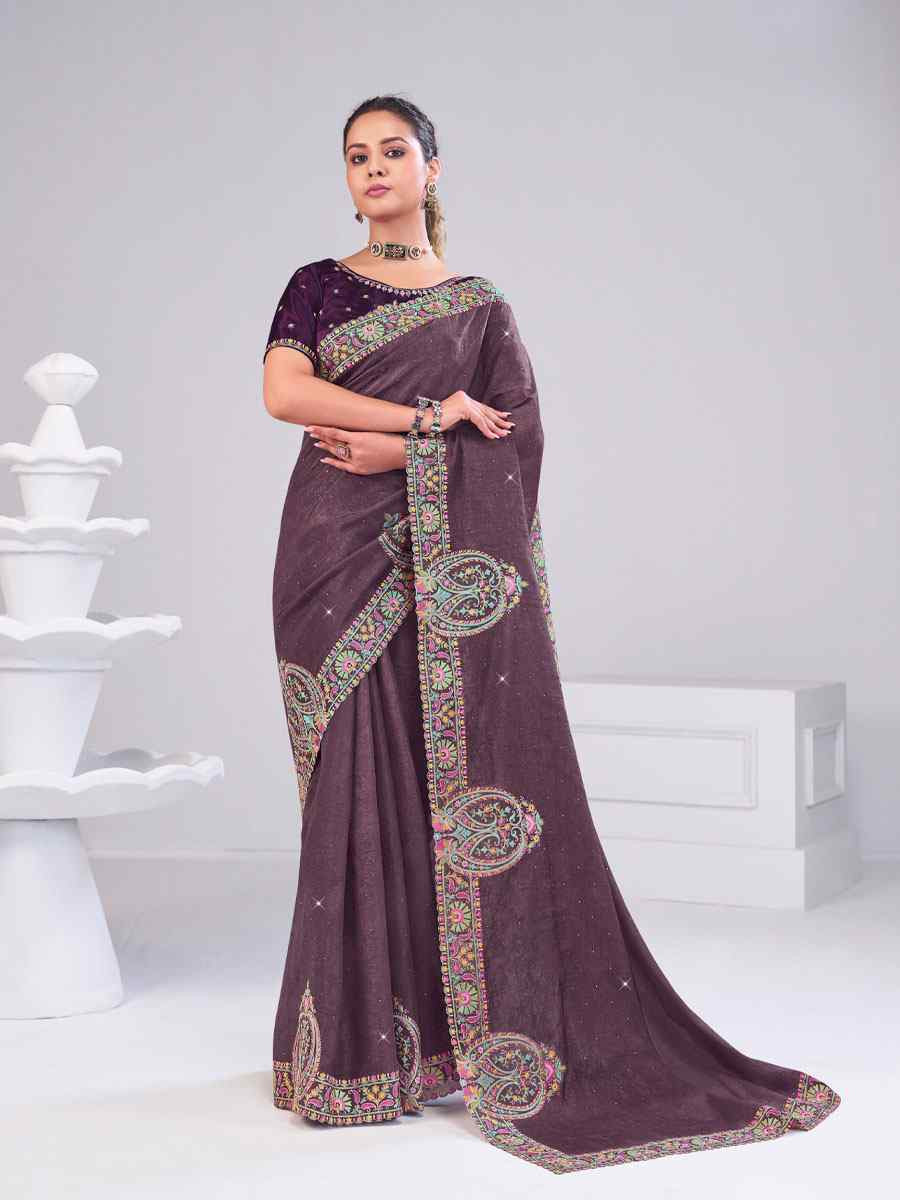 Wine Silk Embroidery Traditional Bridal Reception Festival Wedding Fancy Heavy Border Saree