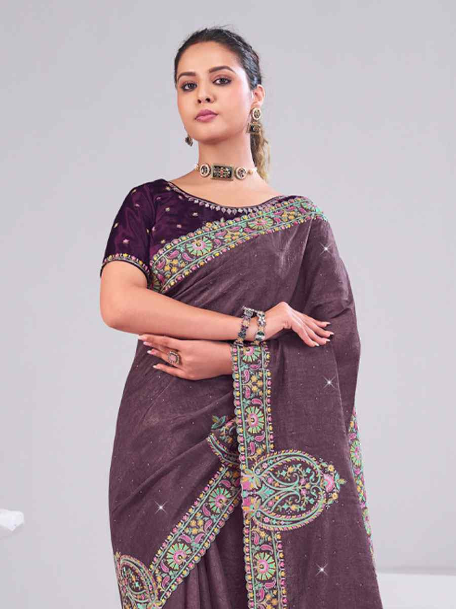 Wine Silk Embroidery Traditional Bridal Reception Festival Wedding Fancy Heavy Border Saree