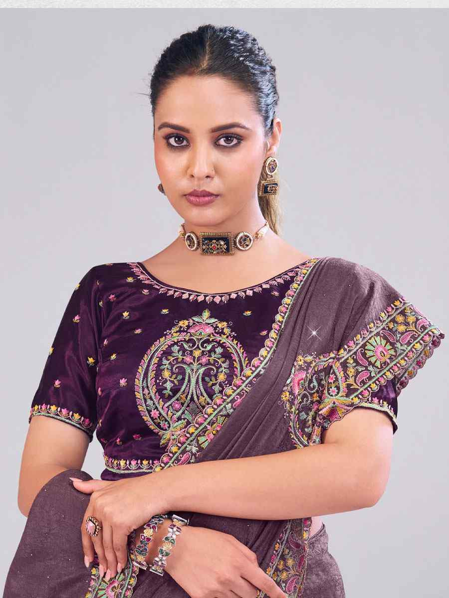 Wine Silk Embroidery Traditional Bridal Reception Festival Wedding Fancy Heavy Border Saree