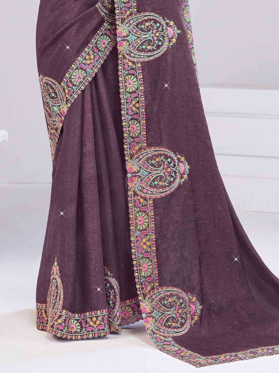 Wine Silk Embroidery Traditional Bridal Reception Festival Wedding Fancy Heavy Border Saree
