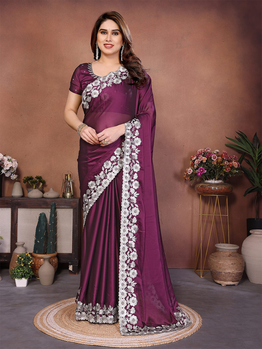 Wine Silk Embroidery Wedding Festival Reception Party Wear Heavy Border Saree