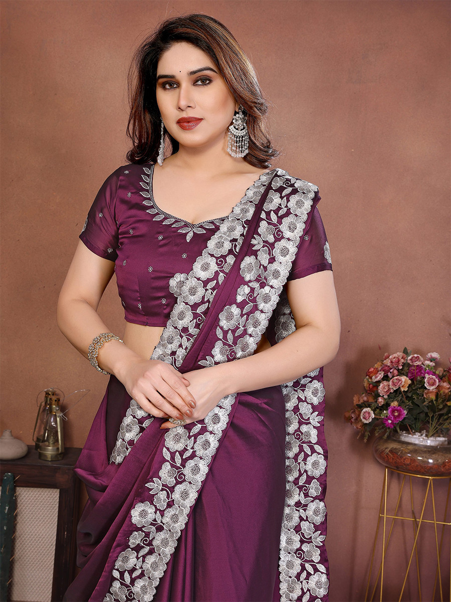 Wine Silk Embroidery Wedding Festival Reception Party Wear Heavy Border Saree