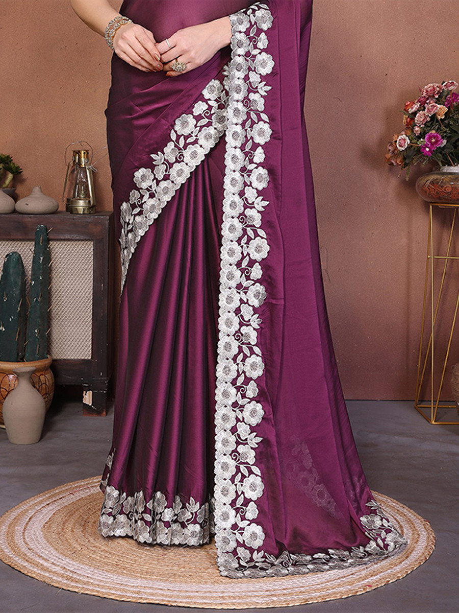 Wine Silk Embroidery Wedding Festival Reception Party Wear Heavy Border Saree