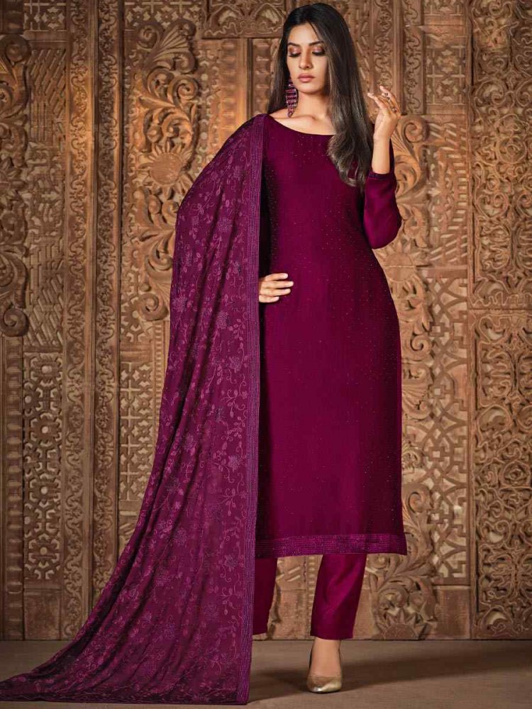 Wine Silk Georgette Embroidered Festival Wedding Pant Salwar Kameez