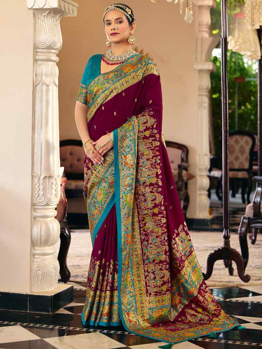 Wine Silk Handwoven Casual Reception Festival Wedding Fancy Heavy Border Saree