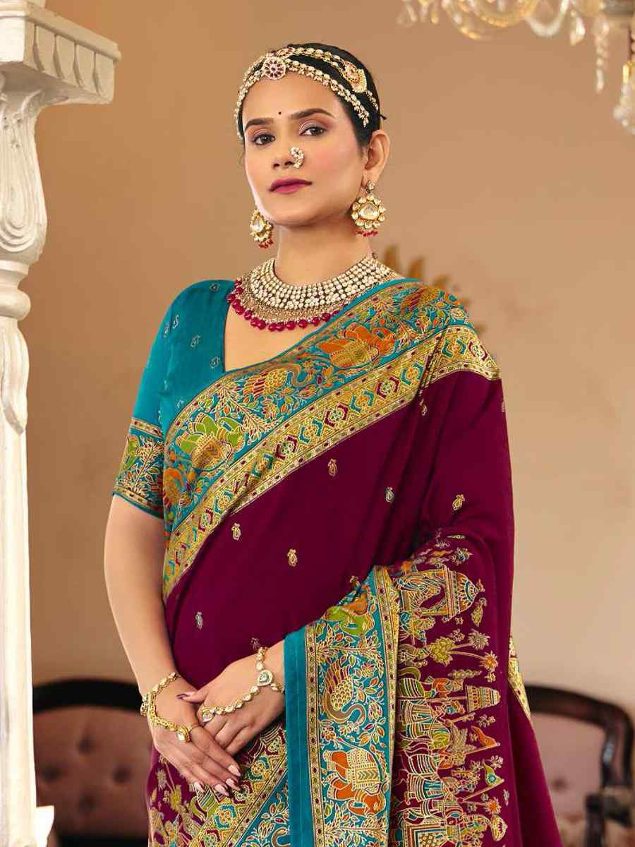 Wine Silk Handwoven Casual Reception Festival Wedding Fancy Heavy Border Saree