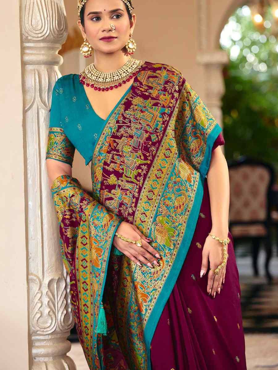 Wine Silk Handwoven Casual Reception Festival Wedding Fancy Heavy Border Saree
