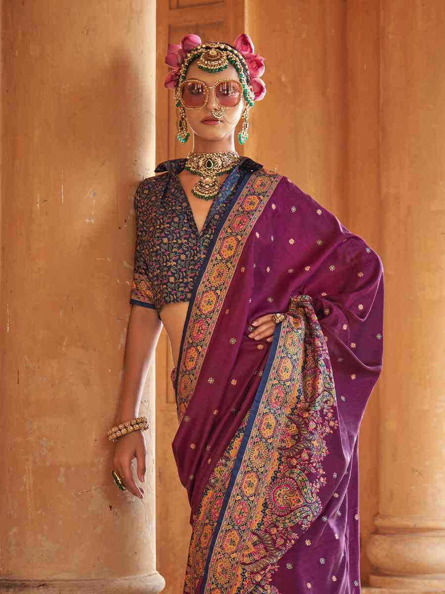 Wine Silk Handwoven Festival Wedding Fancy Heavy Border Saree