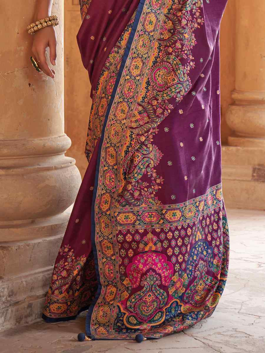 Wine Silk Handwoven Festival Wedding Fancy Heavy Border Saree