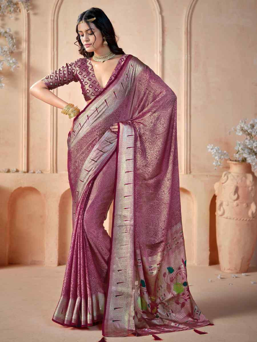 Wine Silk Handwoven Festival Wedding Fancy Heavy Border Saree