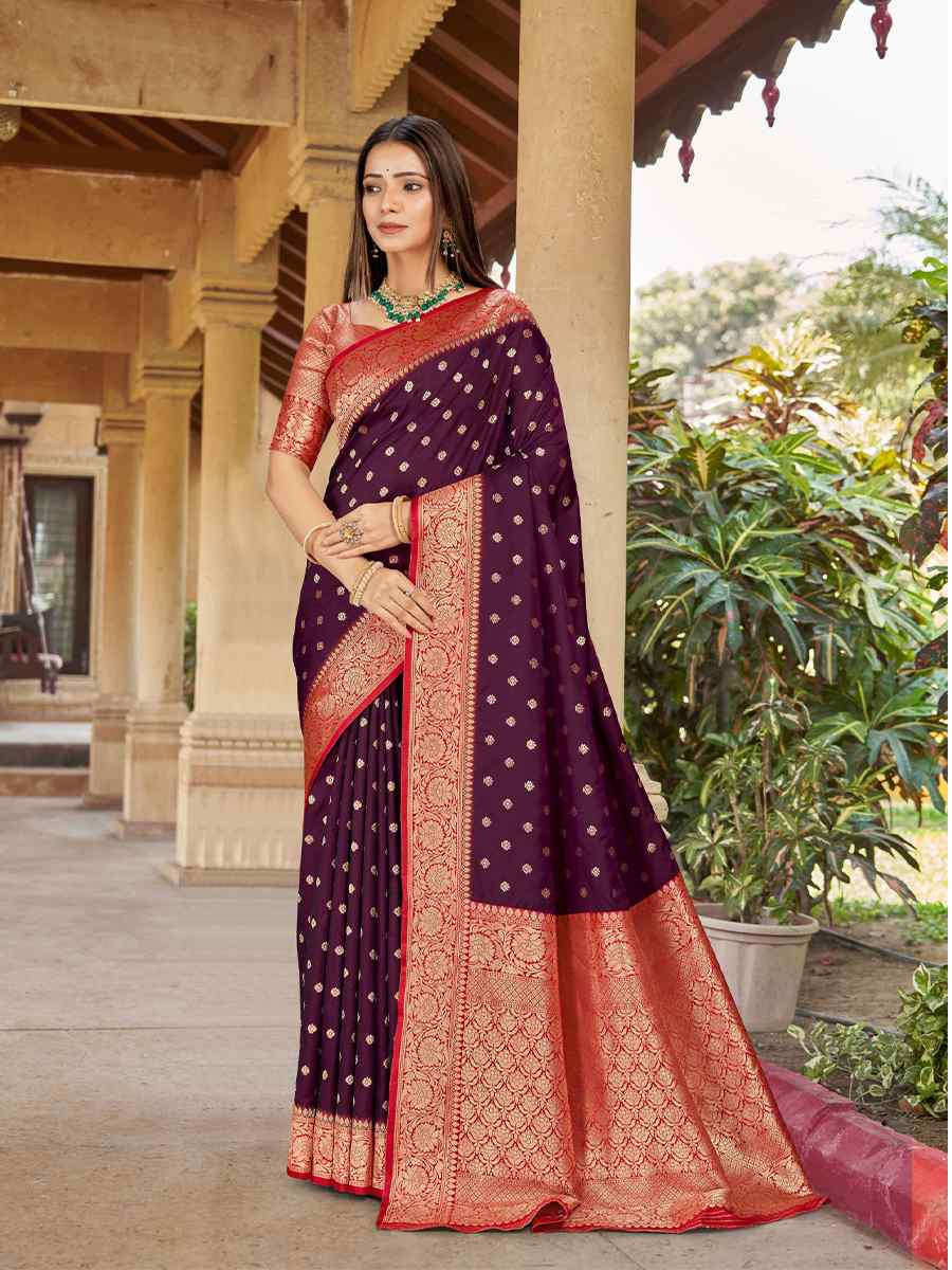 Wine Silk Handwoven Festival Wedding Fancy Heavy Border Saree