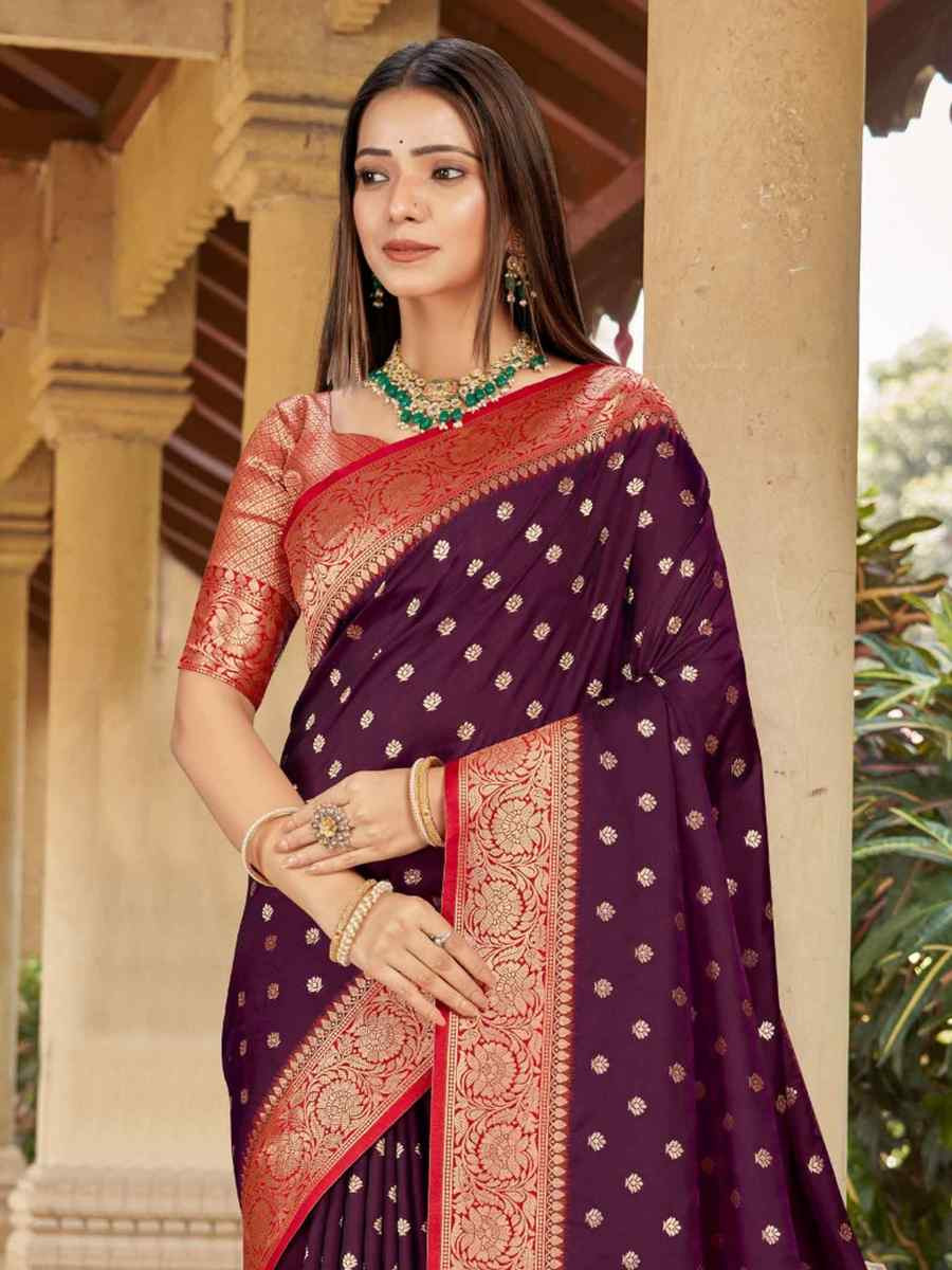 Wine Silk Handwoven Festival Wedding Fancy Heavy Border Saree