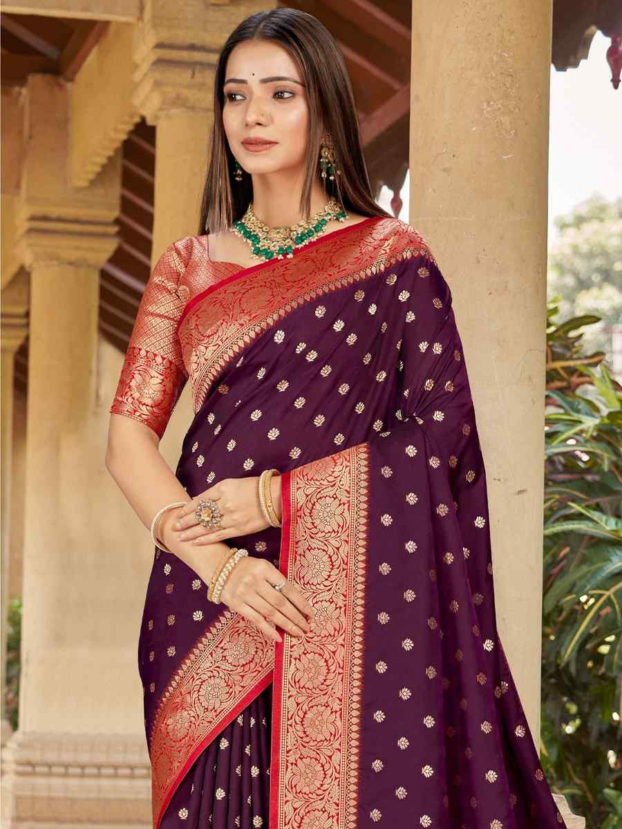 Wine Silk Handwoven Festival Wedding Fancy Heavy Border Saree