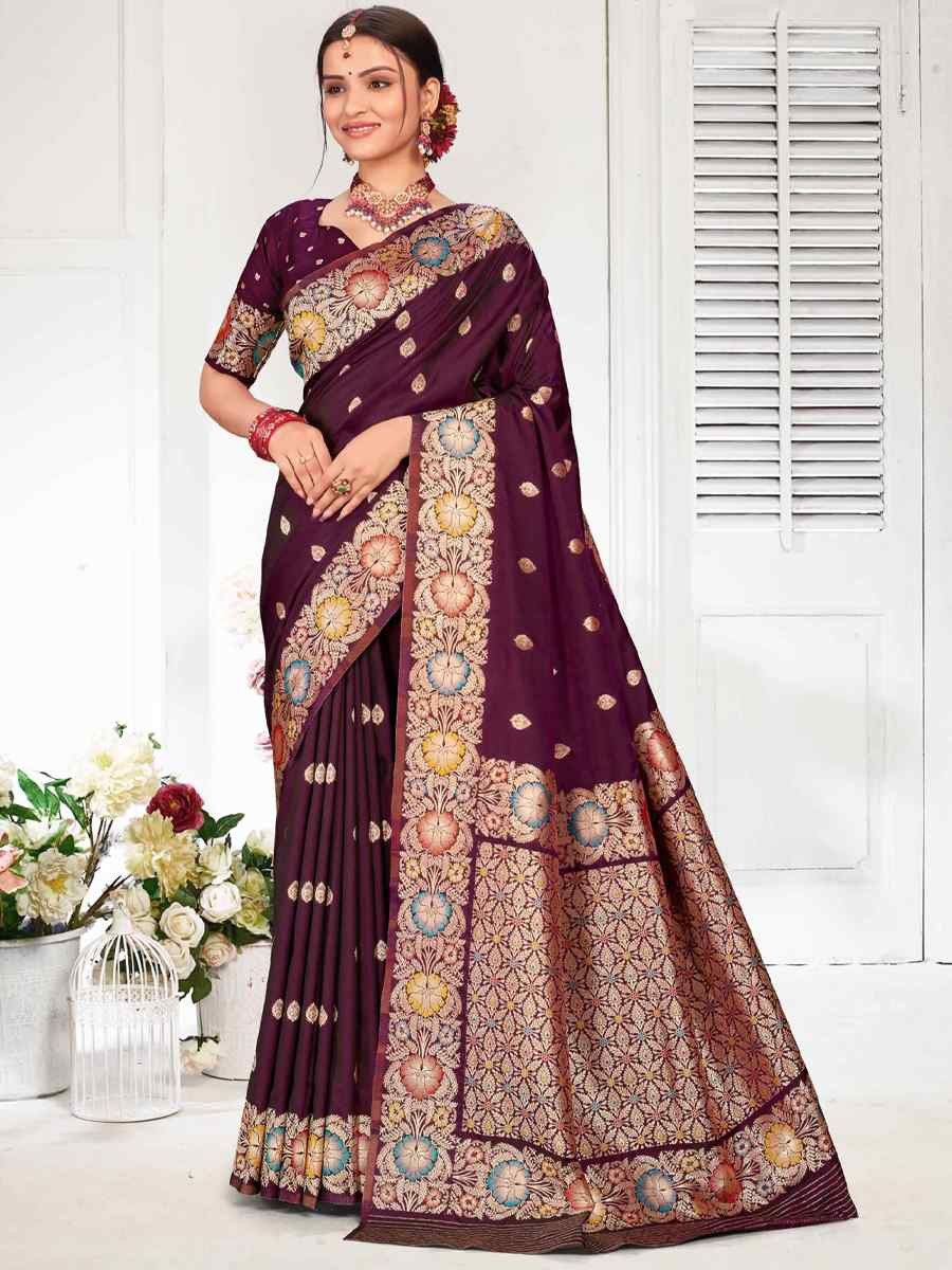 Wine Silk Handwoven Festival Wedding Fancy Heavy Border Saree