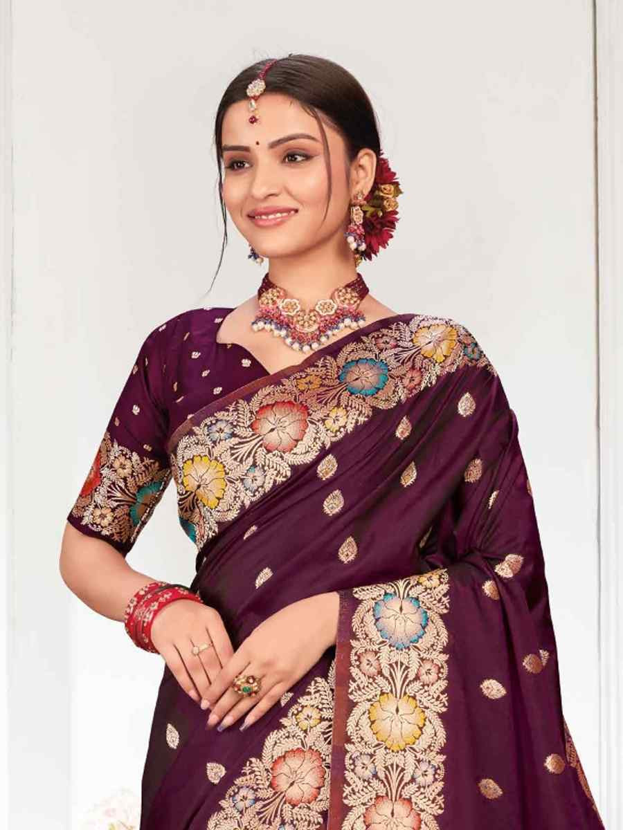 Wine Silk Handwoven Festival Wedding Fancy Heavy Border Saree