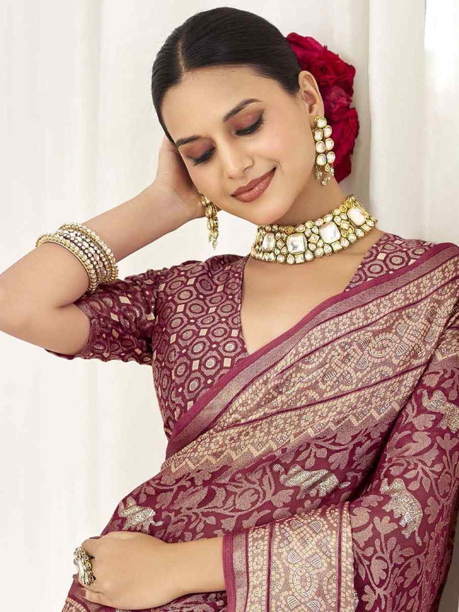 Wine Silk Handwoven Traditional Bridal Reception Festival Wedding Fancy Heavy Border Sarees