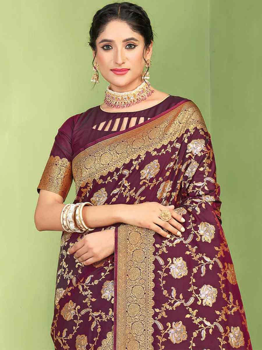 Wine Silk Handwoven Wedding Festival Heavy Border Saree