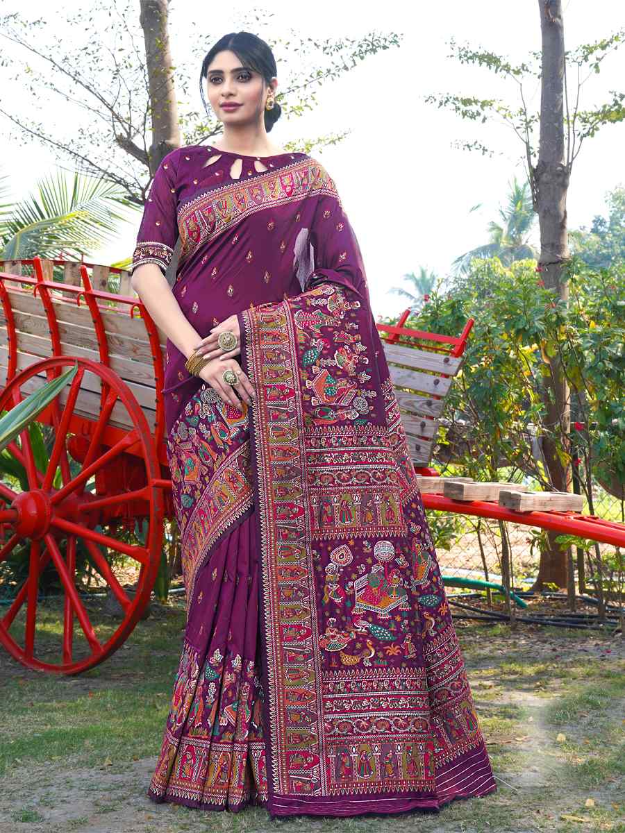 Wine Silk Handwoven Wedding Festival Heavy Border Saree